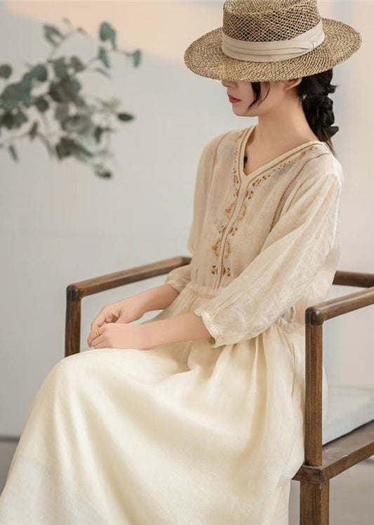 Women's Linen Summer Dress Lightweight Apricot Embroidery - OutfitLondon