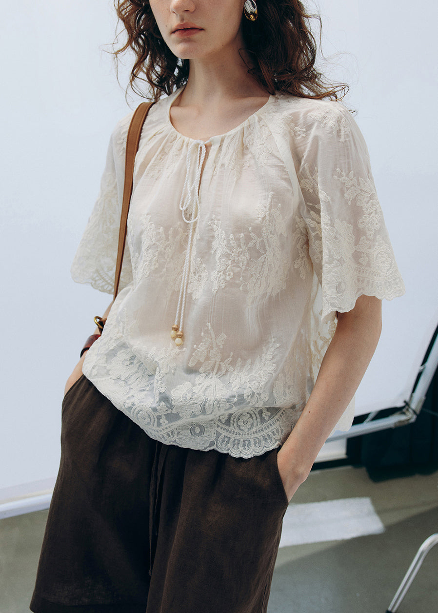 Women's Embroidered Cotton Shirt Apricot Round Neck - OutfitLondon