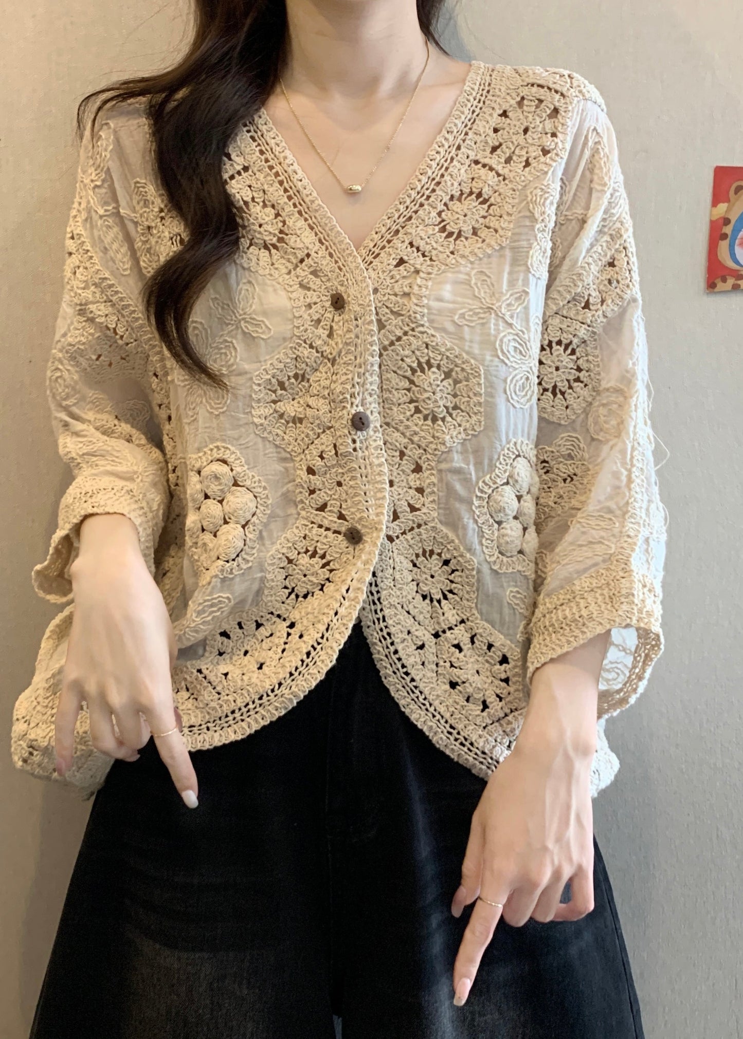 Women's Lace Cardigan V Neck Openwork Buttons Apricot - OutfitLondon
