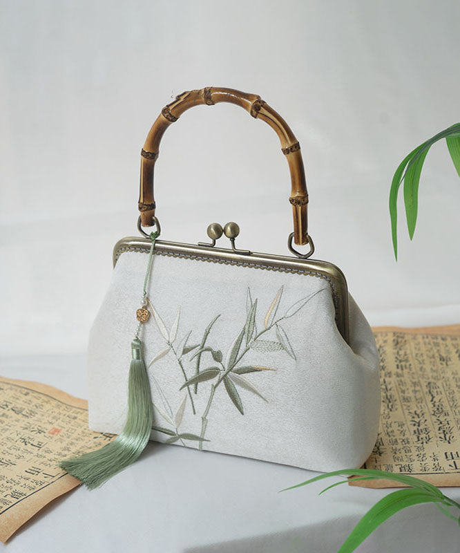 Bamboo Embroidered Tote Bag Handcrafted Natural Bamboo Handles - OutfitLondon