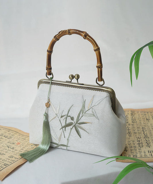 Bamboo Embroidered Tote Bag Handcrafted Natural Bamboo Handles - OutfitLondon