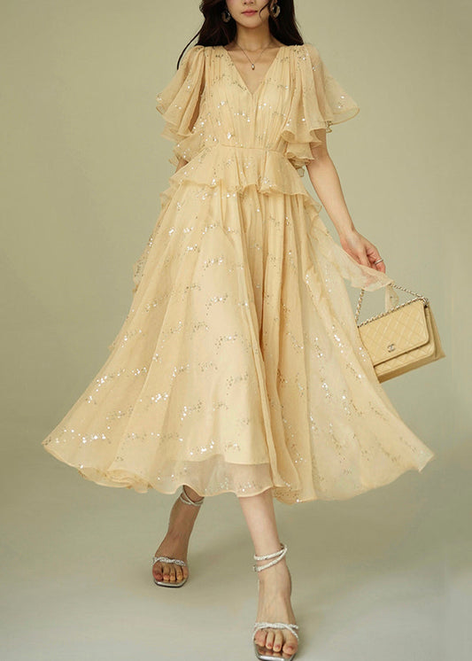 Women's Silk Maxi Dress Beige Sequin Lightweight - OutfitLondon