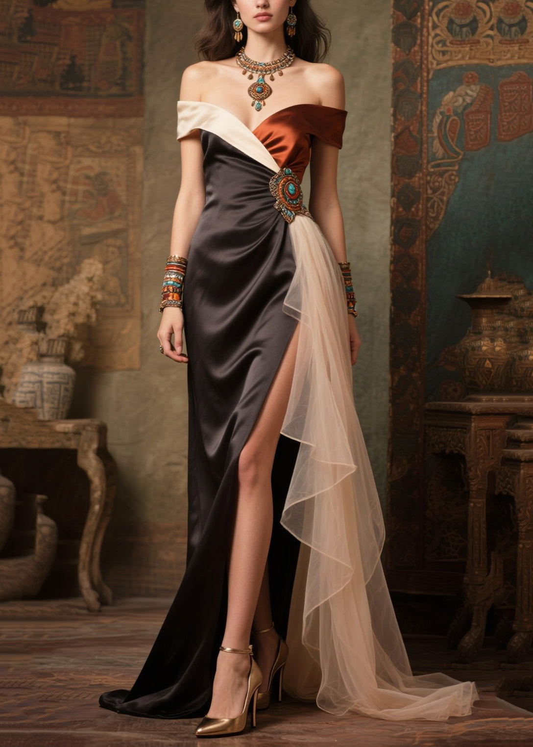 Women's Off Shoulder Dress Silk Blend Black Handcrafted - OutfitLondon