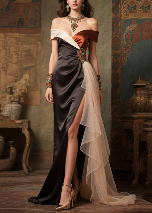 Women's Off Shoulder Dress Silk Blend Black Handcrafted - OutfitLondon