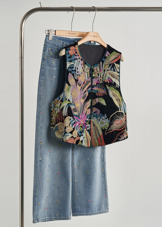 Women's Silk Velvet Embroidered Vest Chinese Buttons - OutfitLondon