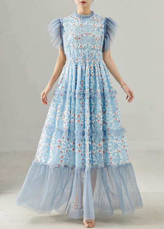 Women's Blue Embroidered Tulle Dress Handmade Summer Party - OutfitLondon
