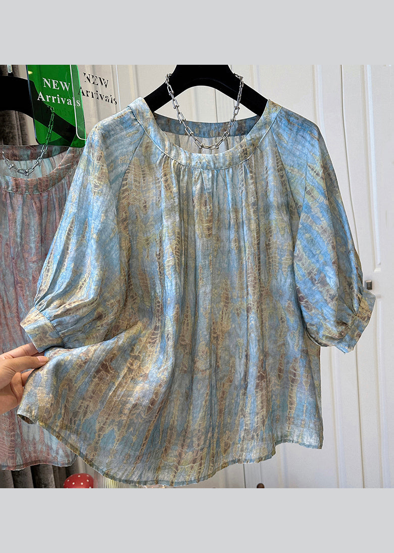 Women's Silk Chiffon Blue Tie Dye Round Neck Sleeveless - OutfitLondon