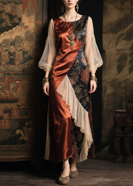 Women's Silk Asymmetric Dress Lantern Sleeves Brown - OutfitLondon