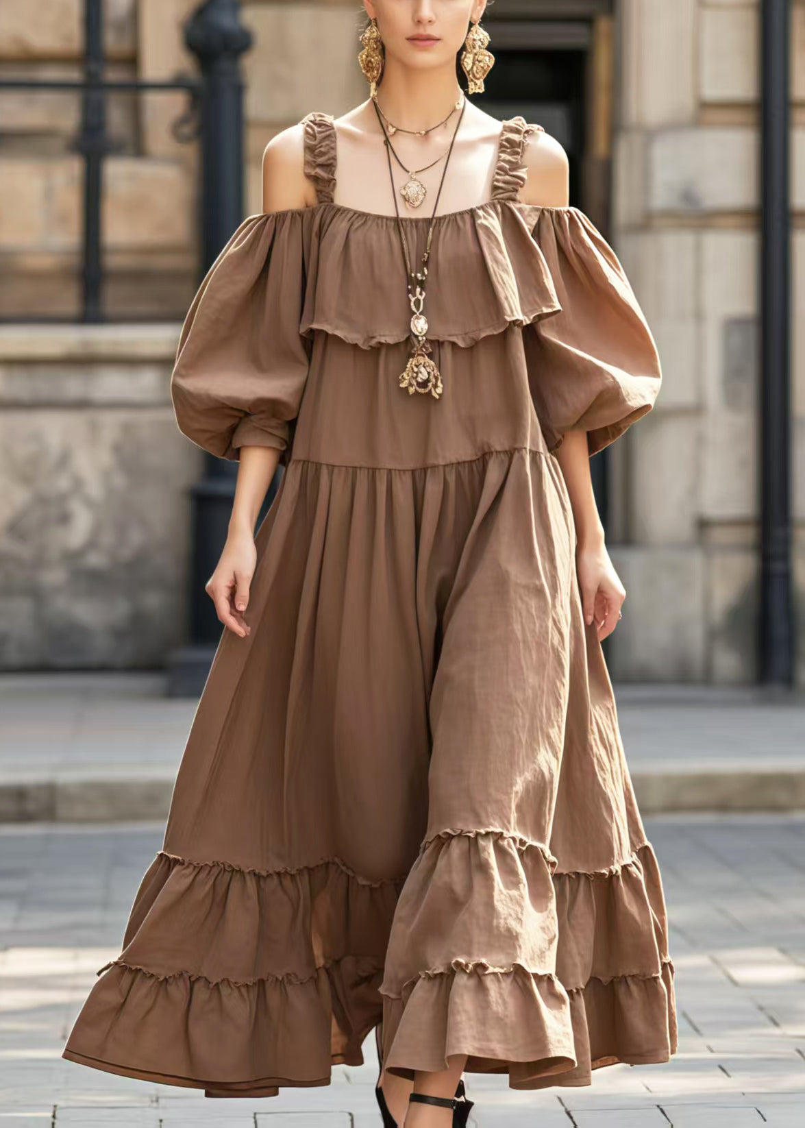 Women's Handmade Brown Off Shoulder Maxi Dress - OutfitLondon