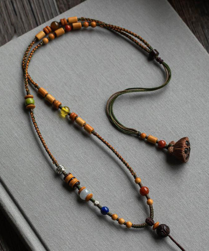 Women's Pearl Pendant Necklace Handmade Brown Beads 50cm - OutfitLondon