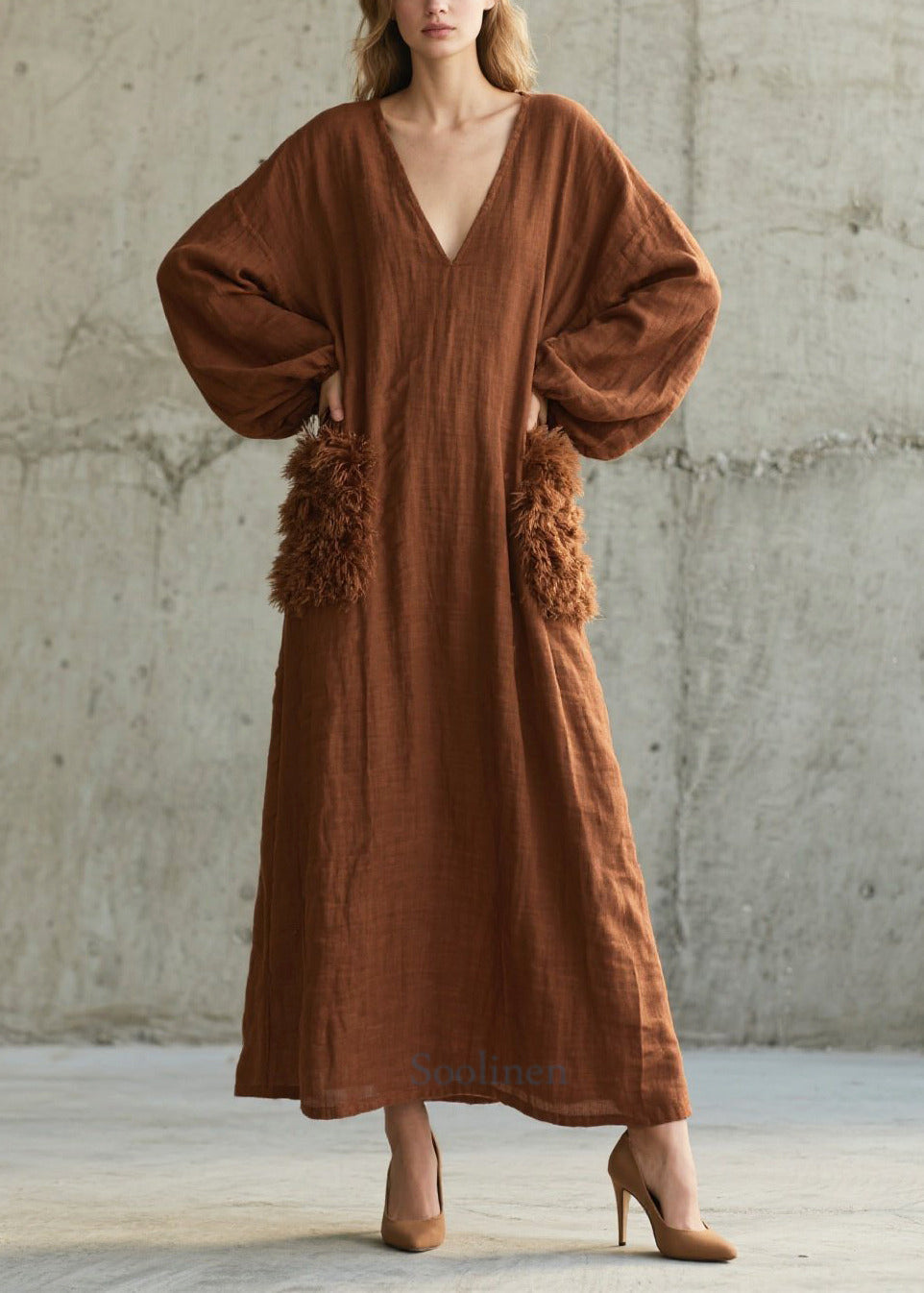 Women's Brown Faux Fur Maxi Dress V Neck Patchwork - OutfitLondon