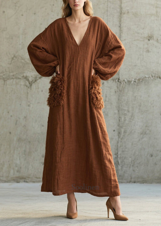 Women's Brown Faux Fur Maxi Dress V Neck Patchwork - OutfitLondon