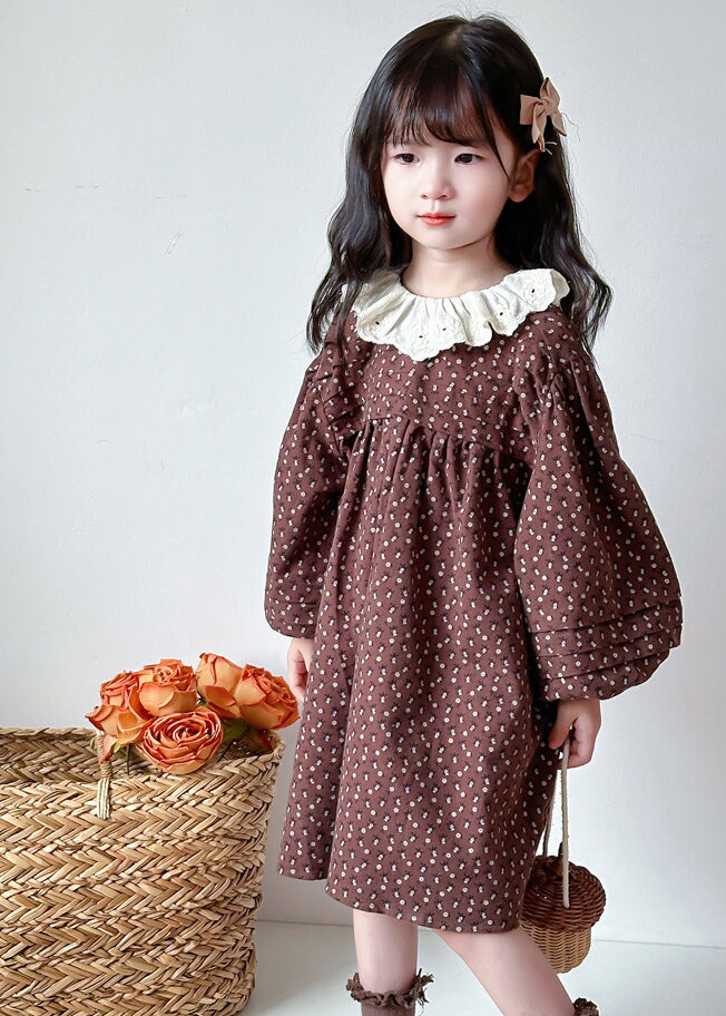 Girls Long Dress Cotton Blend Round Neck Lantern Sleeves - OutfitLondon