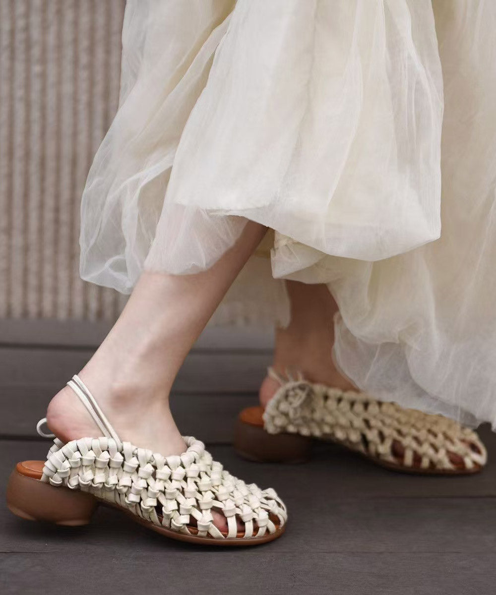 Women's Beige Leather Sandals Perforated Cushioned Footbed - OutfitLondon
