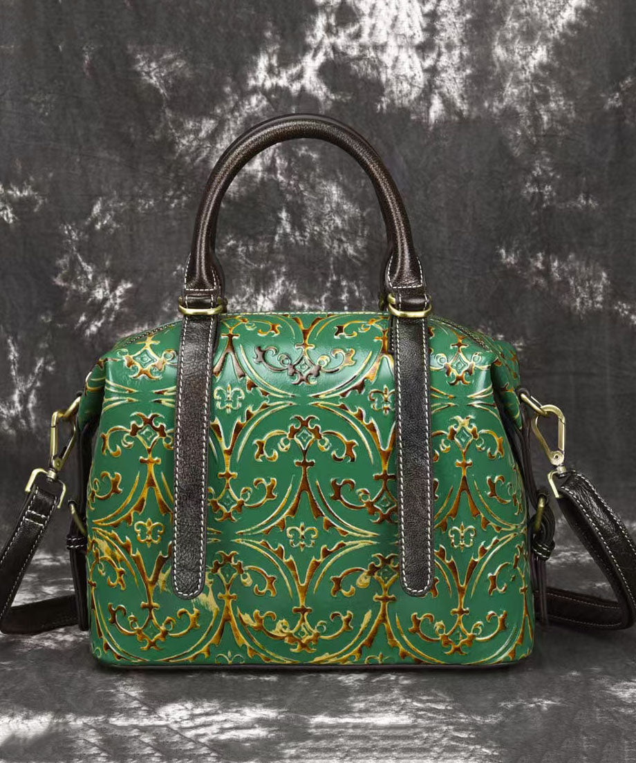Green Leather Tote Bag Zipper Closure Inner Pockets - OutfitLondon