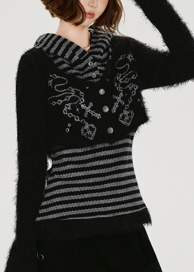 Women's Gray Striped Knit Twinset Sweater Set - OutfitLondon