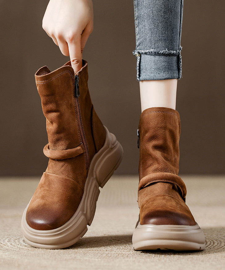 Women's Cowhide Platform Boots Cushioned Insole Rubber Sole - OutfitLondon