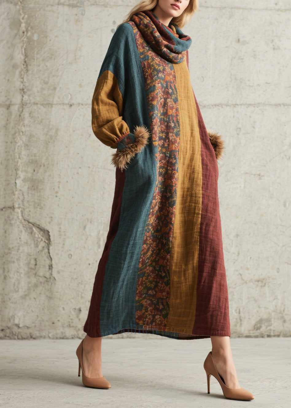 Women's Oversized Faux Fur Patchwork Dress - OutfitLondon