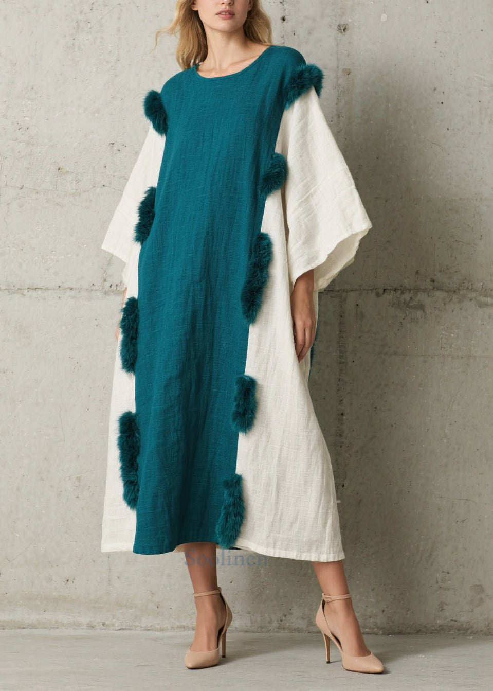 Women's Navy Faux Fur Long Robe Oversized - OutfitLondon