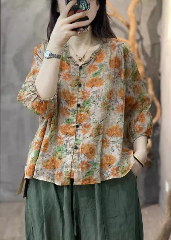 Women's Orange Cotton Blouse Ruffled Sleeves - OutfitLondon