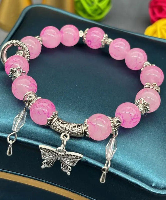 Women's Sterling Silver Butterfly Charm Bracelet Glass Beads - OutfitLondon