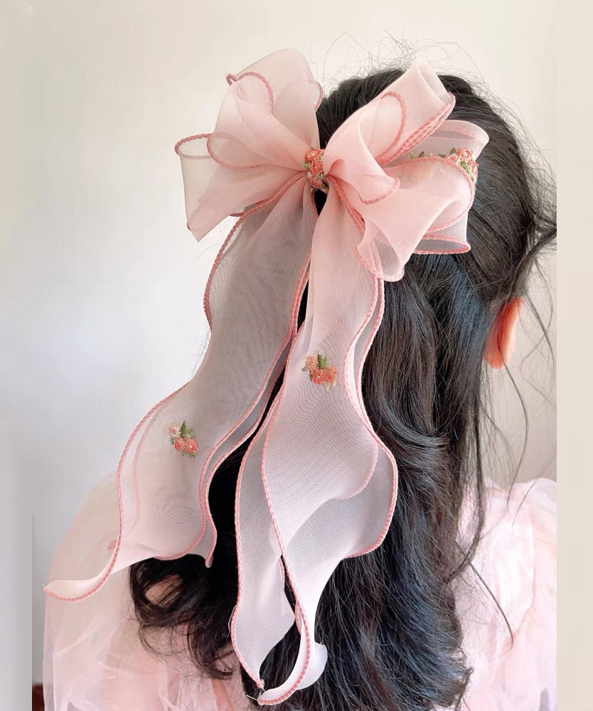 Girls Pink Tulle Hairpin Embroidered Bow Ribbon - OutfitLondon