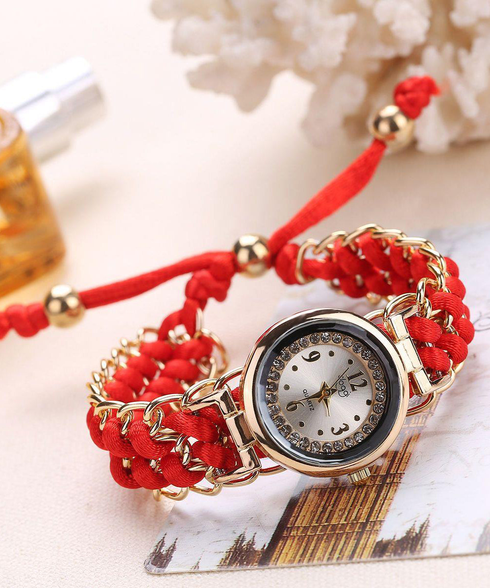 Women's Red Zircon Wristwatch Waterproof Leather Strap - OutfitLondon