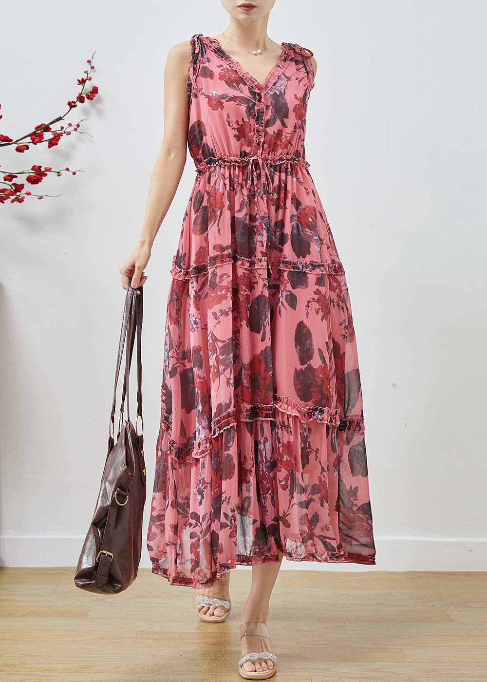 Women's Silk Chiffon Maxi Dress Red Floral Ruffle - OutfitLondon