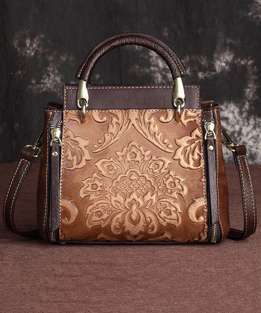 Women's Leather Tote Bag Embossed Calf Leather Coffee Brown - OutfitLondon