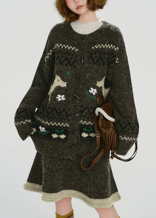 Women's Green Tea Knit Set Elastic Waist Dog Motif - OutfitLondon