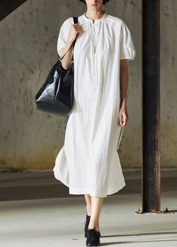 Women's White Cotton Maxi Dress Cinched Waist Breathable - OutfitLondon