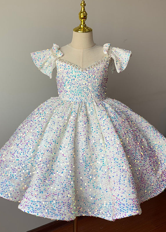 Girls White Sequin Summer Dress Handmade Round Neck Twirl Skirt - OutfitLondon