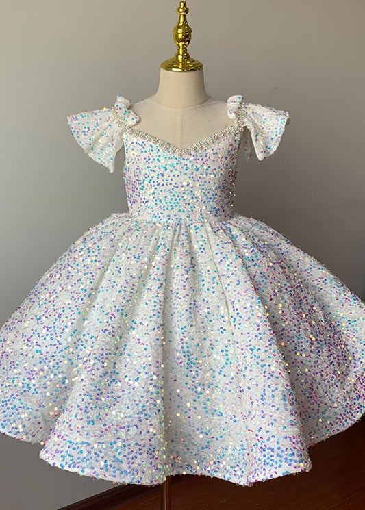 Girls White Sequin Summer Dress Handmade Round Neck Twirl Skirt - OutfitLondon