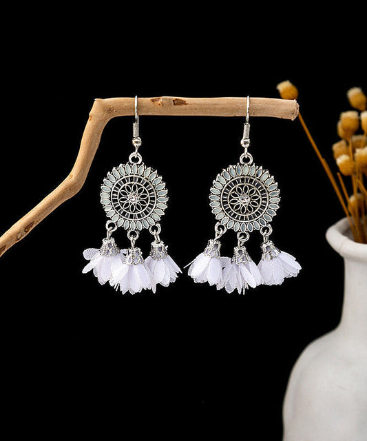 Women's Sterling Silver Floral Earrings Silk Tassel White Zircon - OutfitLondon
