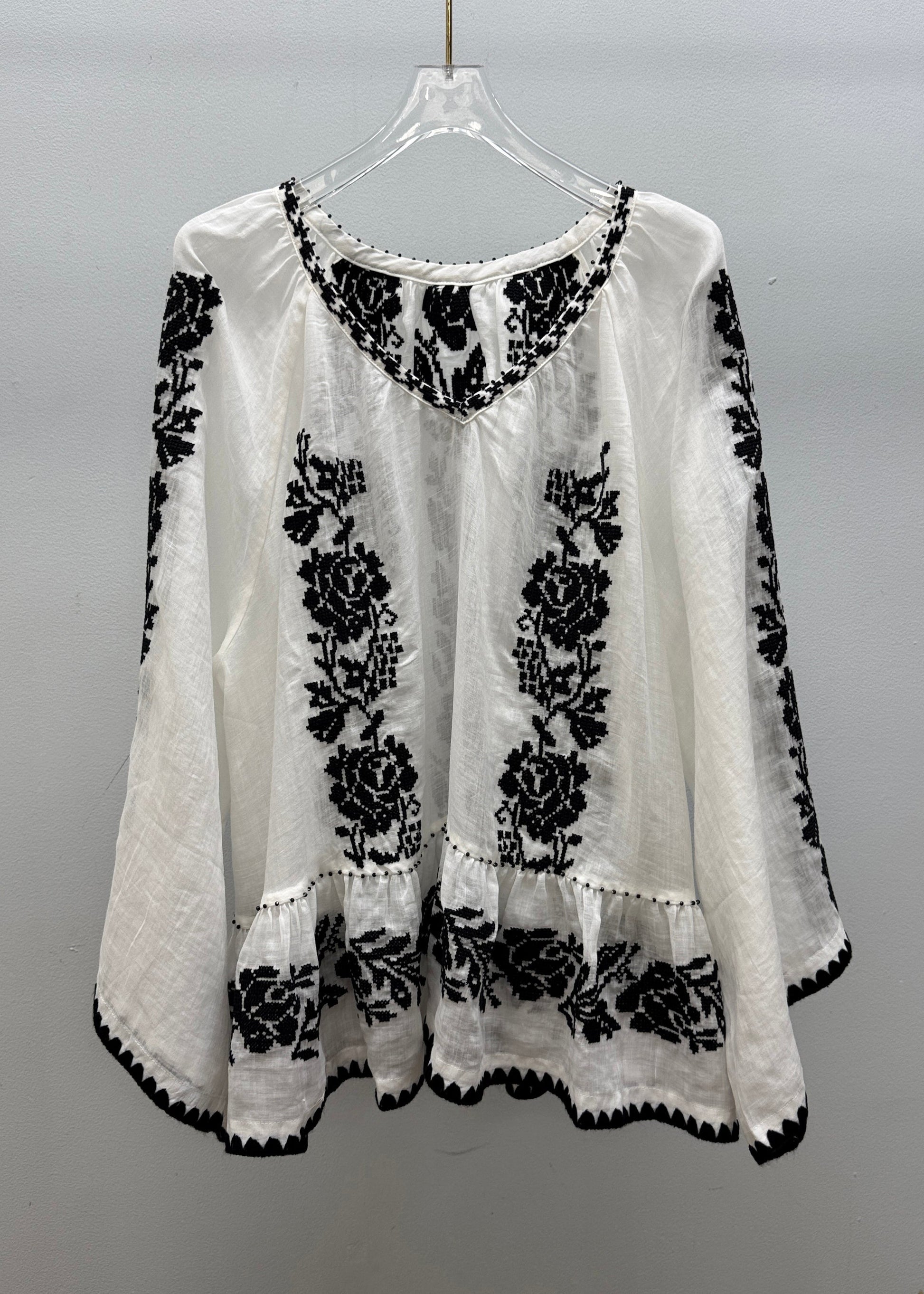 Women's Embroidered Linen Blouse V Neck White Breathable - OutfitLondon