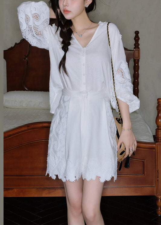 Women's Crochet And Shorts Set Cotton White Breathable - OutfitLondon