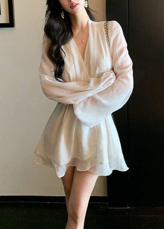 Women's White Lace V Neck Mini Dress - OutfitLondon