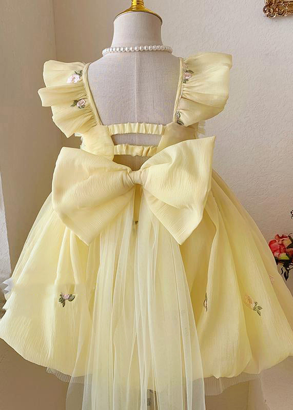 Girls Tulle Backless Dress Hand Embroidered Yellow - OutfitLondon