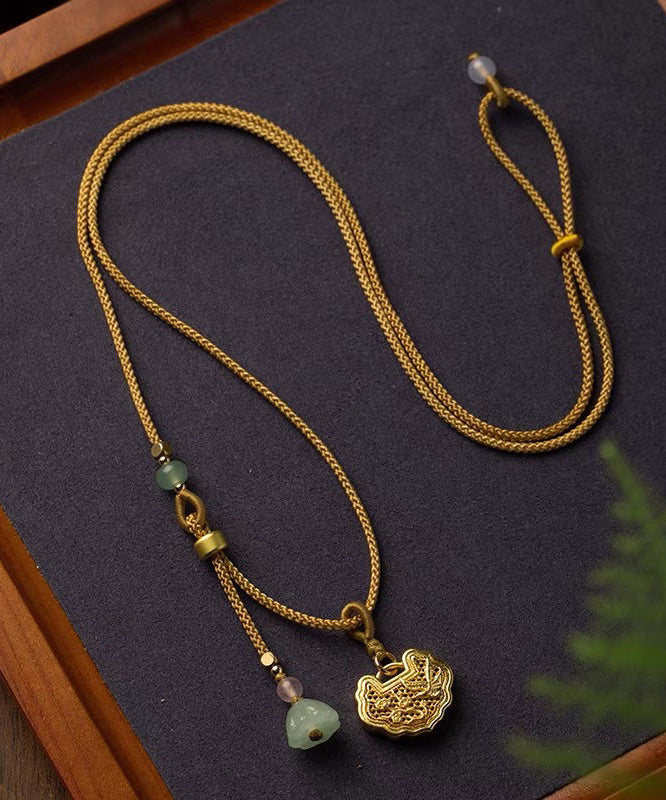 Jade Agate Pendant Necklace Gold Accents Yellow Copper - OutfitLondon