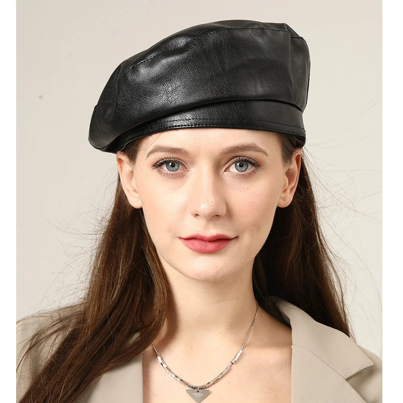 Stylish Synthetic Leather Beret Cap - OutfitLondon