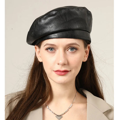 Stylish Synthetic Leather Beret Cap - OutfitLondon
