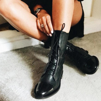 Women's Leather Ankle Boots Lace-Up Black