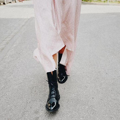 Women's Leather Ankle Boots Lace-Up Black