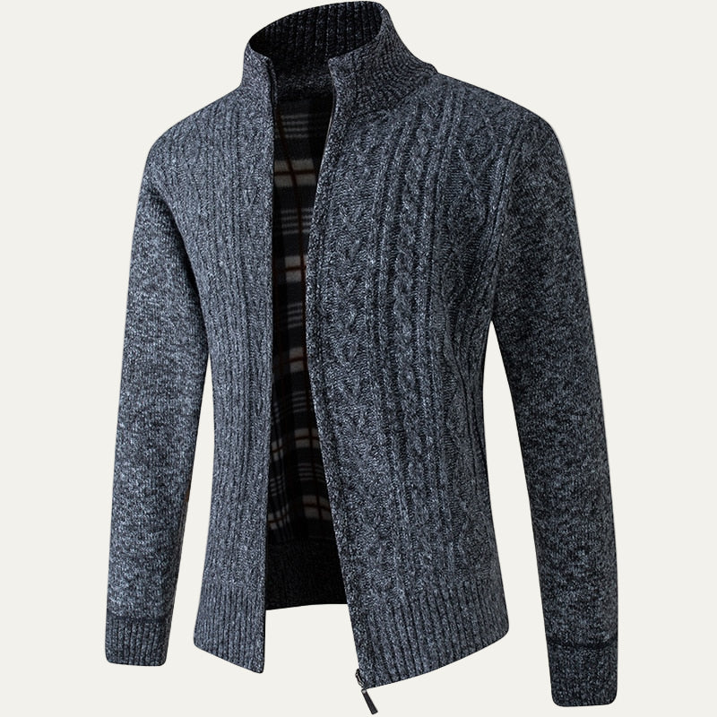 Men's Textured Crew Neck Zip Sweater Jacket