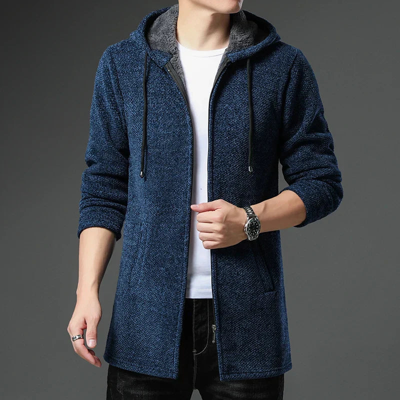 Men's Chenille Wool Jacket Zip Front Fleece Lined Hood