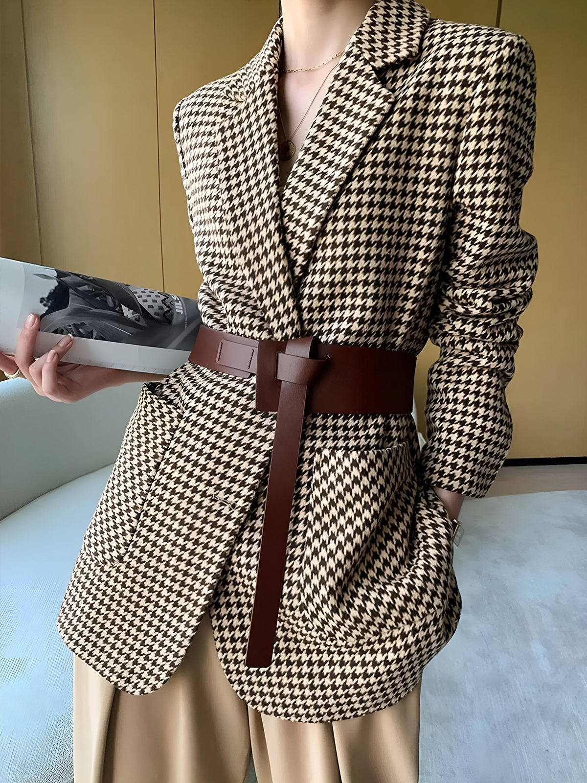 Classic Checked Jacket With Waist Belt - OutfitLondon
