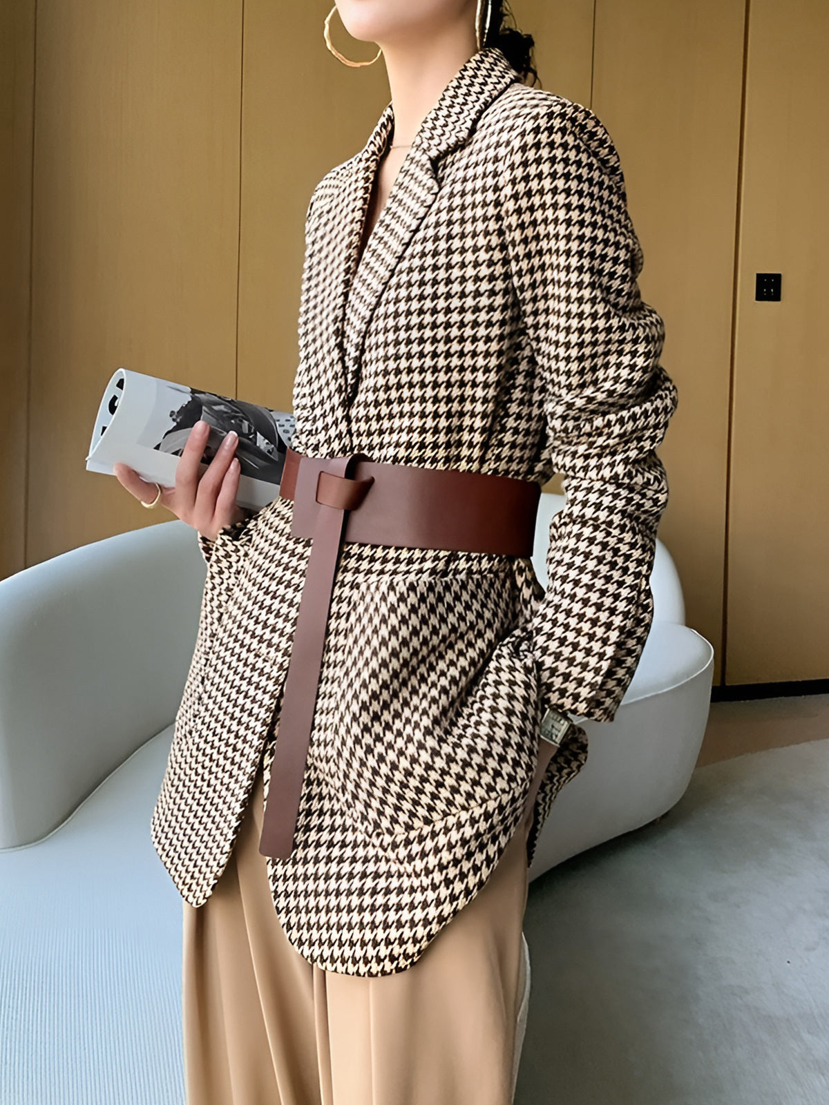 Classic Checked Jacket With Waist Belt