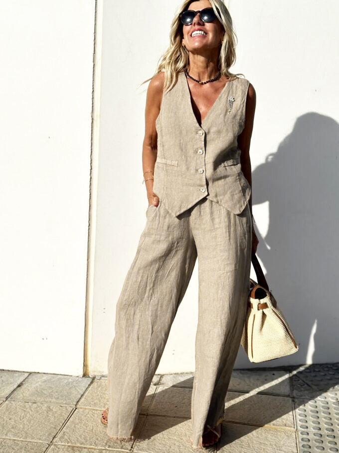 Elegant Beige Linen Pantsuit for Ladies - OutfitLondon