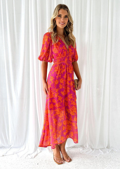 Beautiful V-Neck Ruffled Sleeve Midi Dress