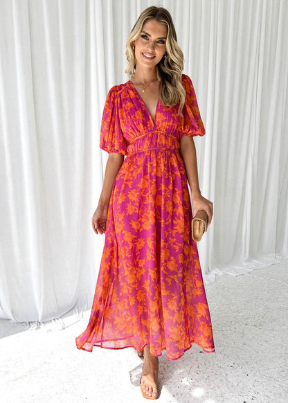 Beautiful V-Neck Ruffled Sleeve Midi Dress